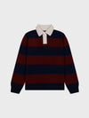 red and navy striped cashmere rugby shirt with contrasting white buttoned collar on a grey background