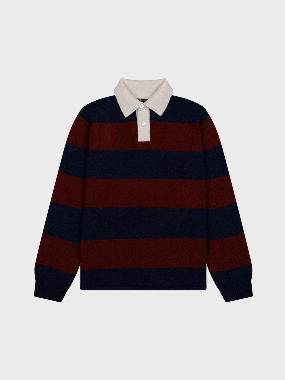 red and navy striped cashmere rugby shirt with contrasting white buttoned collar on a grey background