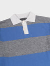 detail of a striped grey and blue cashmere rugby shirt with white collar on a grey background