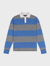 striped grey and blue cashmere rugby shirt with white collar on a grey background