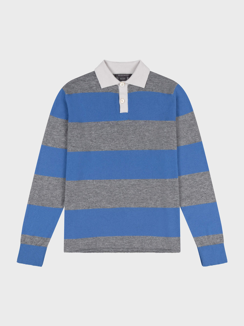 striped grey and blue cashmere rugby shirt with white collar on a grey background