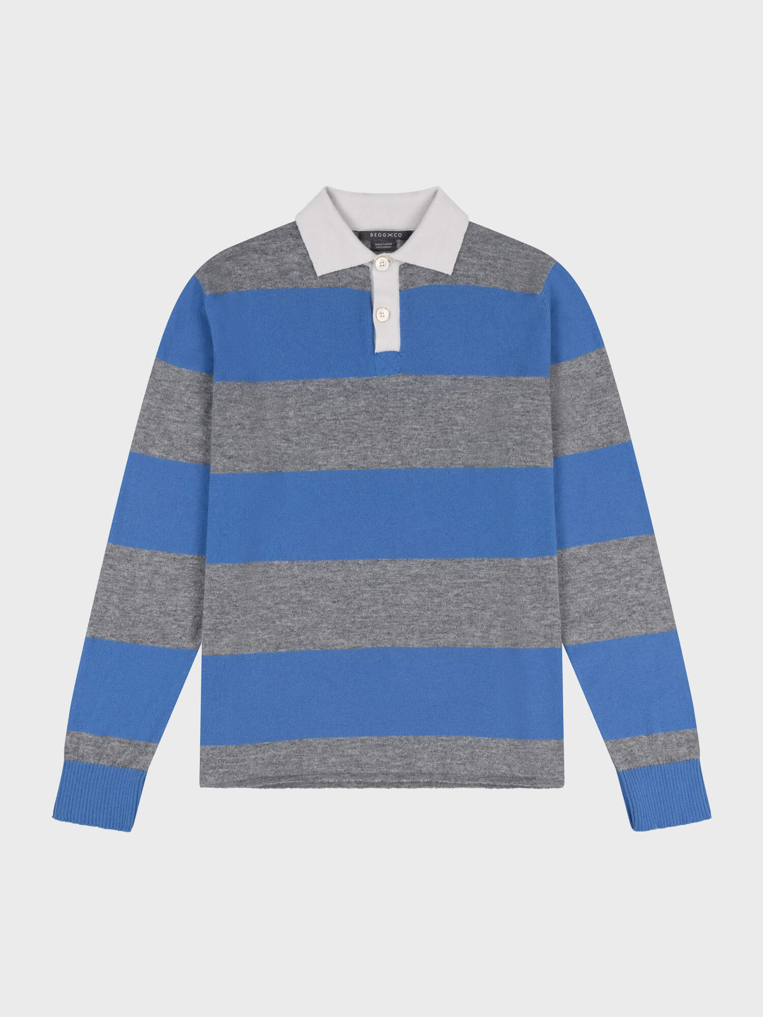 striped grey and blue cashmere rugby shirt with white collar on a grey background