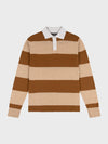brown and beige striped cashmere rugby shirt with white collar on a grey background