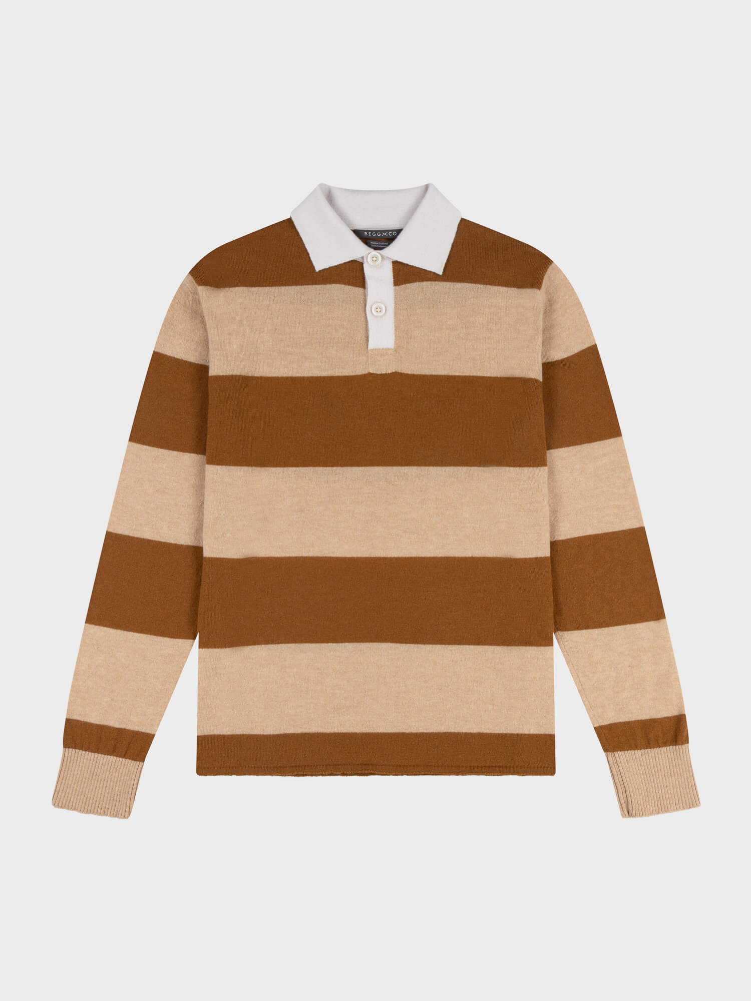 brown and beige striped cashmere rugby shirt with white collar on a grey background