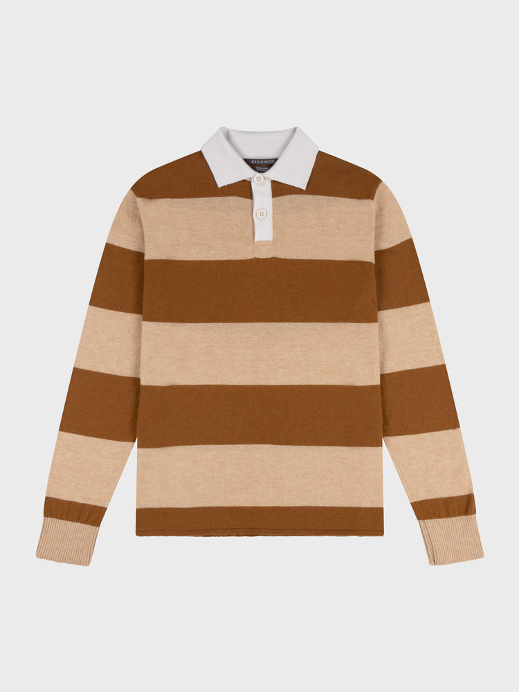 brown and beige striped cashmere rugby shirt with white collar on a grey background