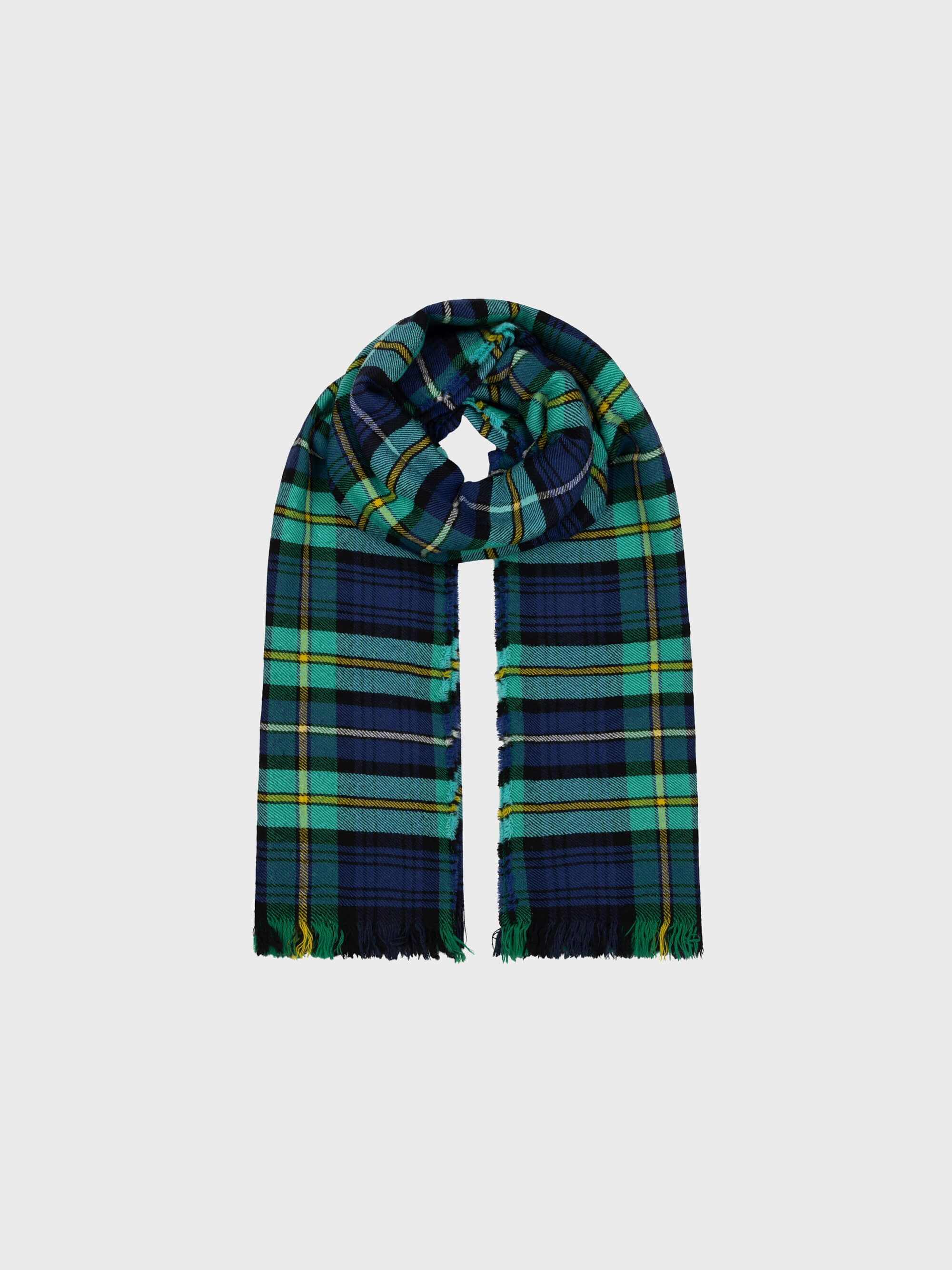 Plaid scarf in green and blue on a white background
