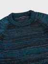 blue and dark green striped cashmere crewneck sweater ribbed collar on a grey background