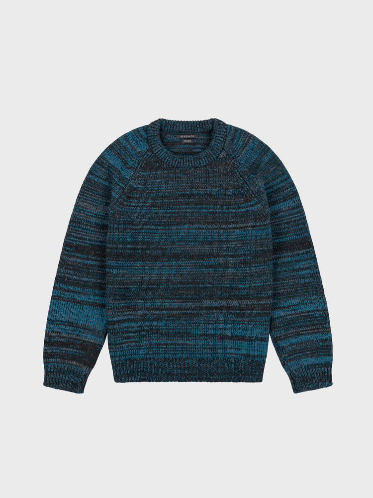 blue and dark green striped cashmere crewneck sweater on a grey background