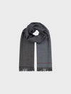 check black and navy scarf with red stripe detail on a grey background