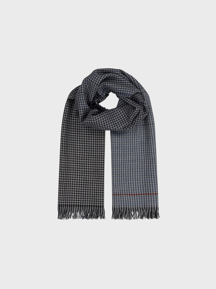 check black and navy scarf with red stripe detail on a grey background