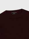 mens wine red cashmere crew neck ribbed sweater collar detail on a grey background