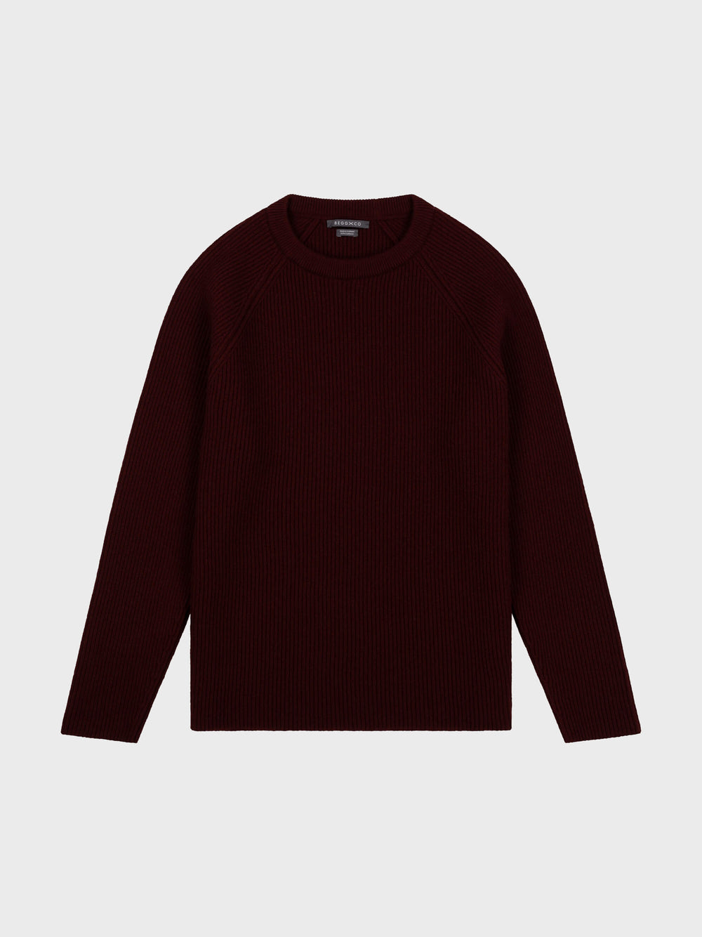 mens wine red cashmere crew neck ribbed sweater on a grey background