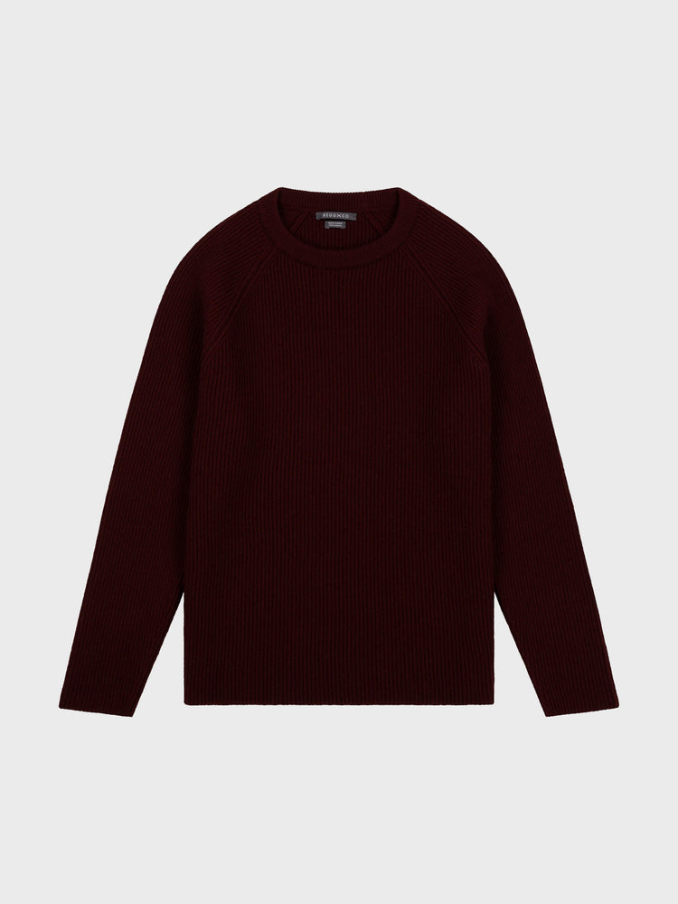 mens wine red cashmere crew neck ribbed sweater on a grey background