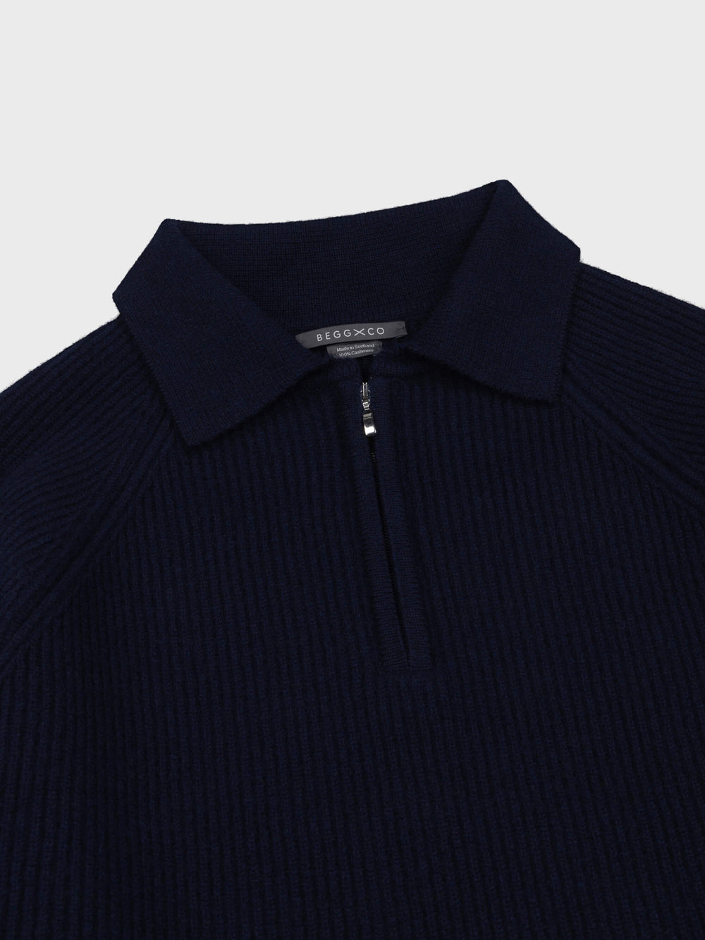 navy blue mens ribbed cashmere zip sweater with shirt collar detail on a grey background