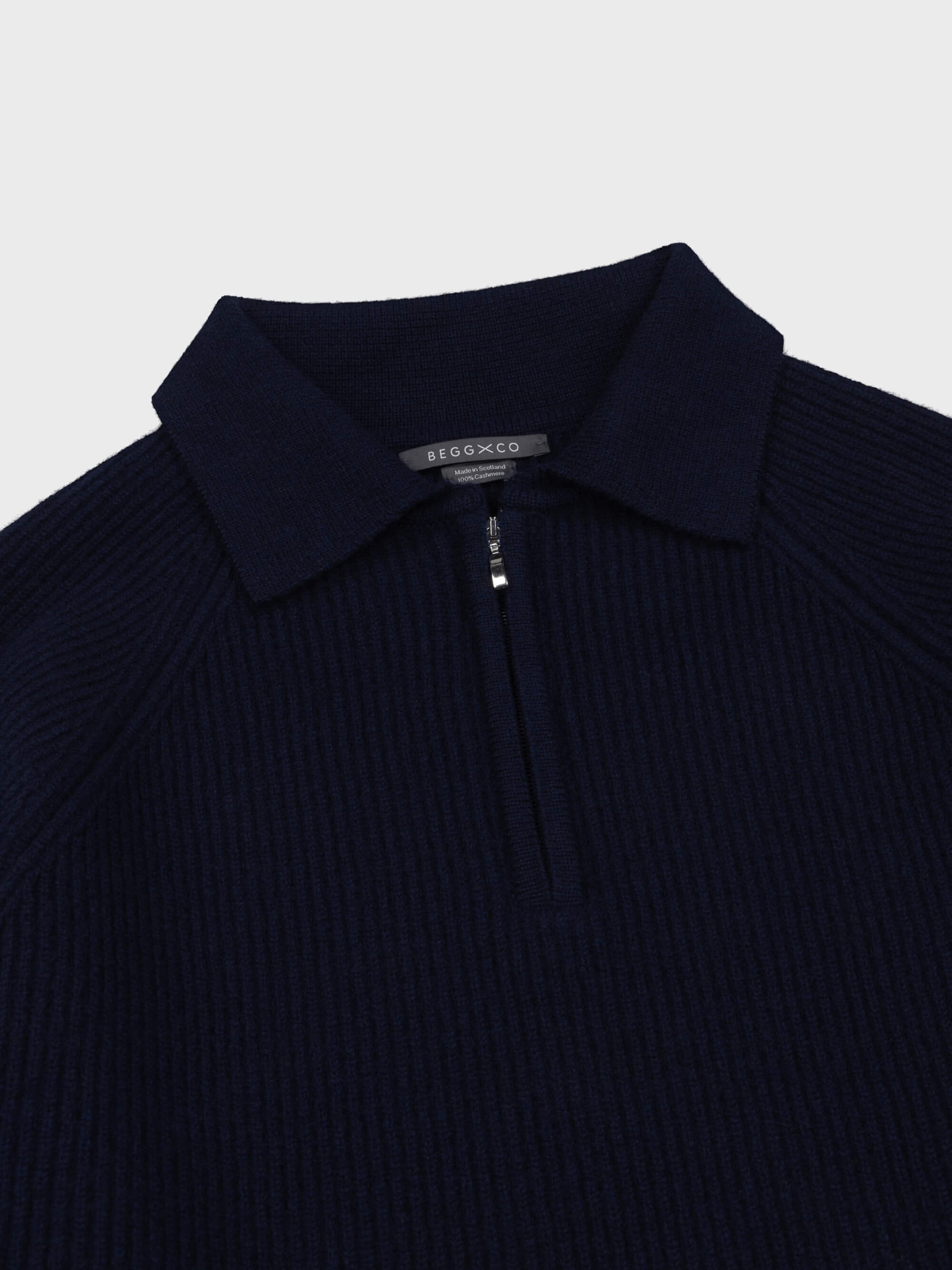navy blue mens ribbed cashmere zip sweater with shirt collar detail on a grey background