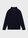 navy blue mens ribbed cashmere zip sweater with shirt collar on a grey background