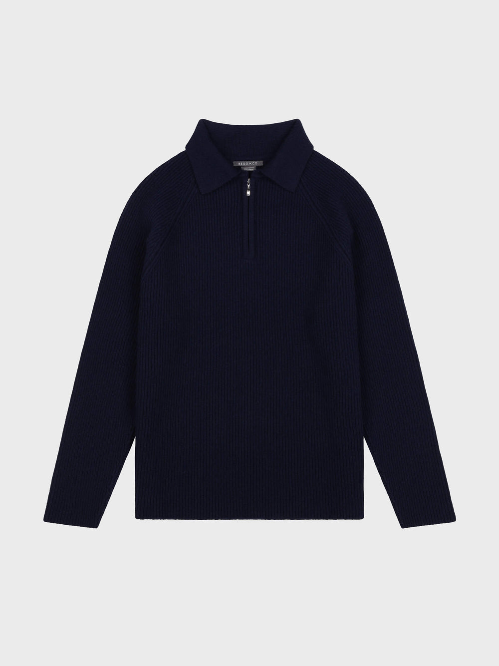 navy blue mens ribbed cashmere zip sweater with shirt collar on a grey background
