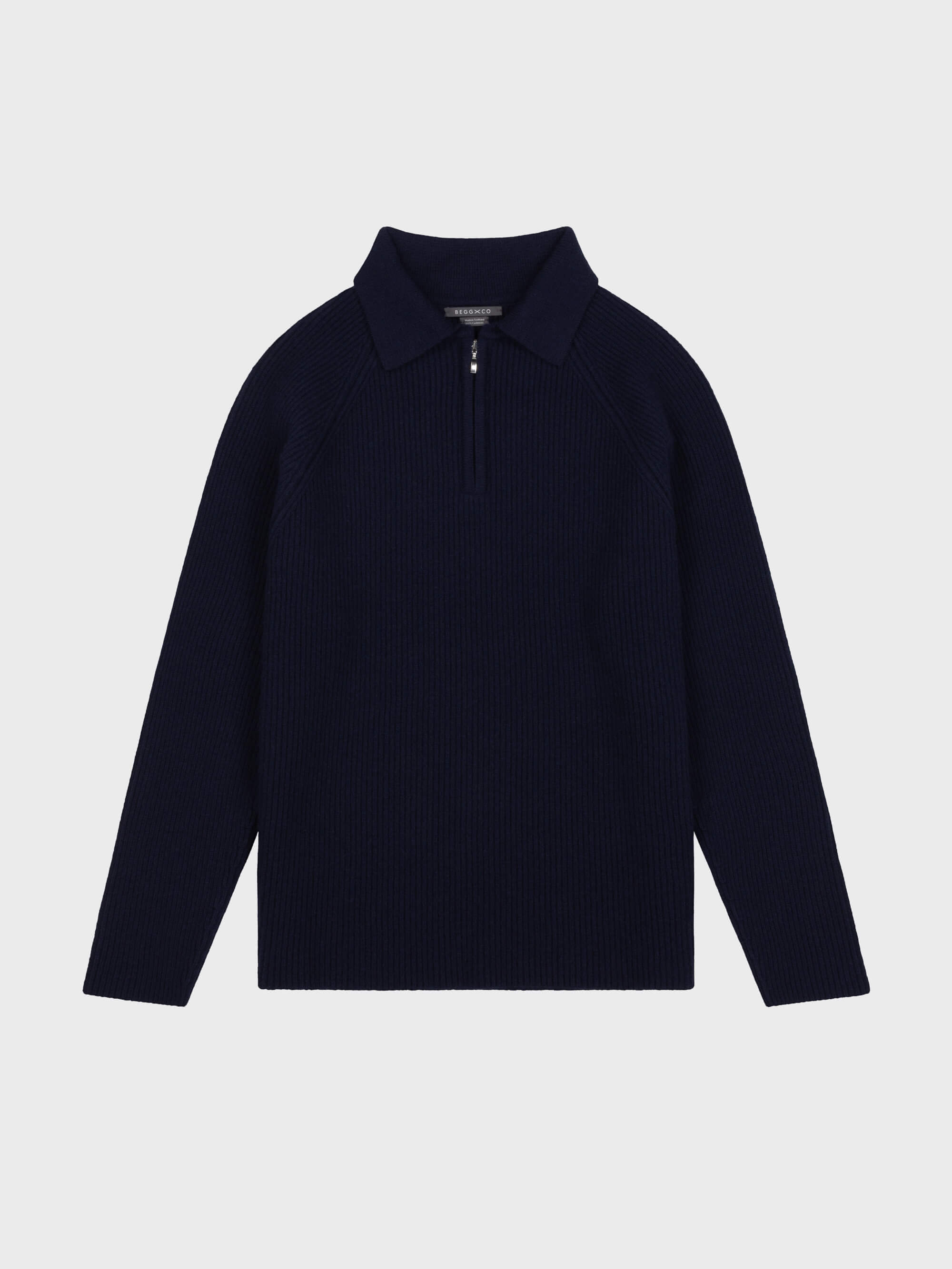 navy blue mens ribbed cashmere zip sweater with shirt collar on a grey background