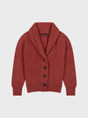 chunky ribbed red cashmere shawl collar cardigan with horn buttons on a grey background