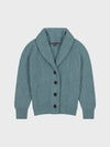 chunky ribbed green cashmere shawl collar cardigan with horn buttons on a grey background