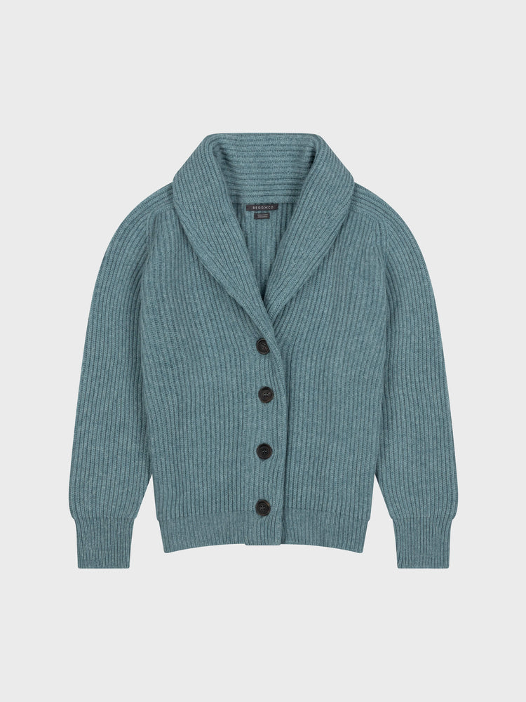 chunky ribbed green cashmere shawl collar cardigan with horn buttons on a grey background