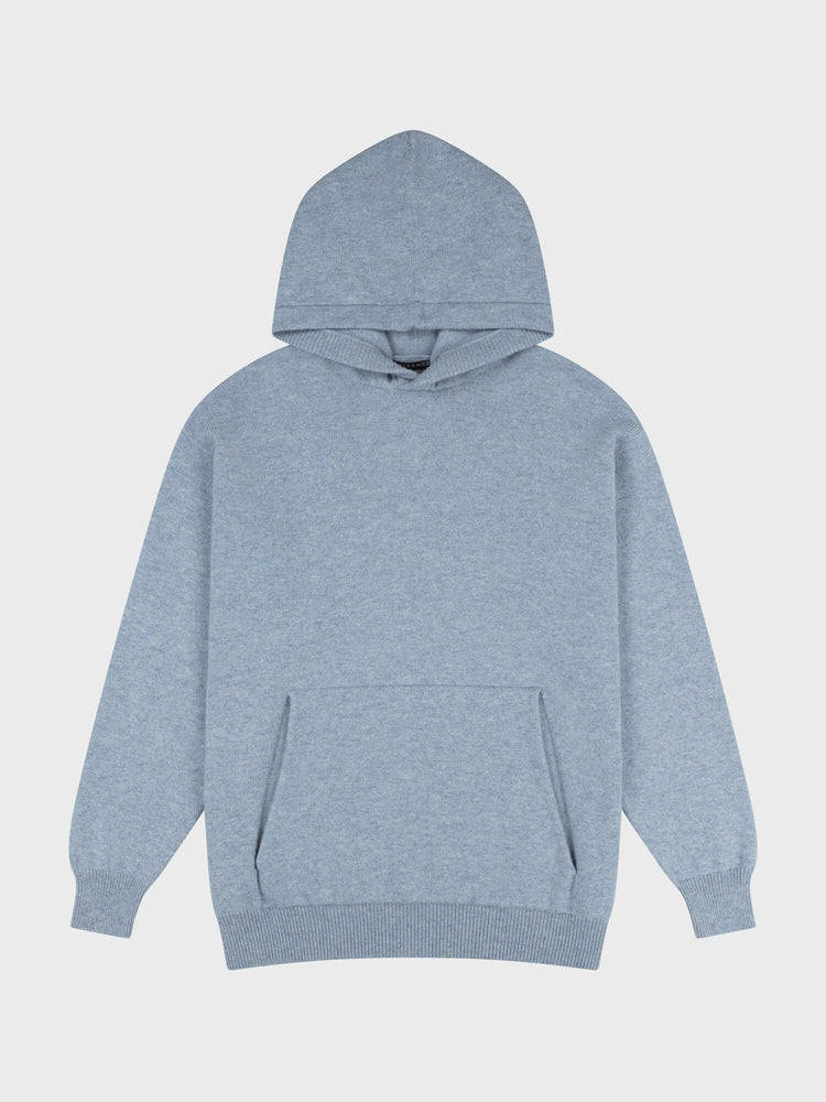 faded blue cashmere hoodie on a grey background