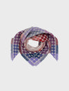 square scarf with blue, purple, pink and red spots on a grey background