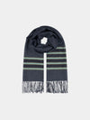 navy scarf with blue and green stripes on a grey background