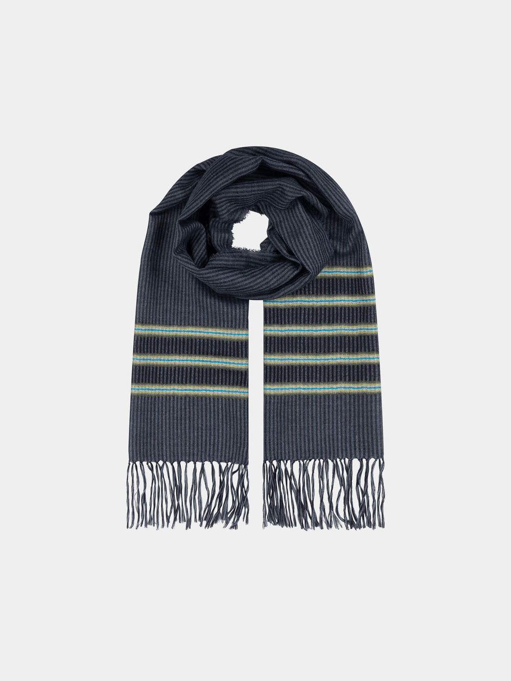 navy scarf with blue and green stripes on a grey background