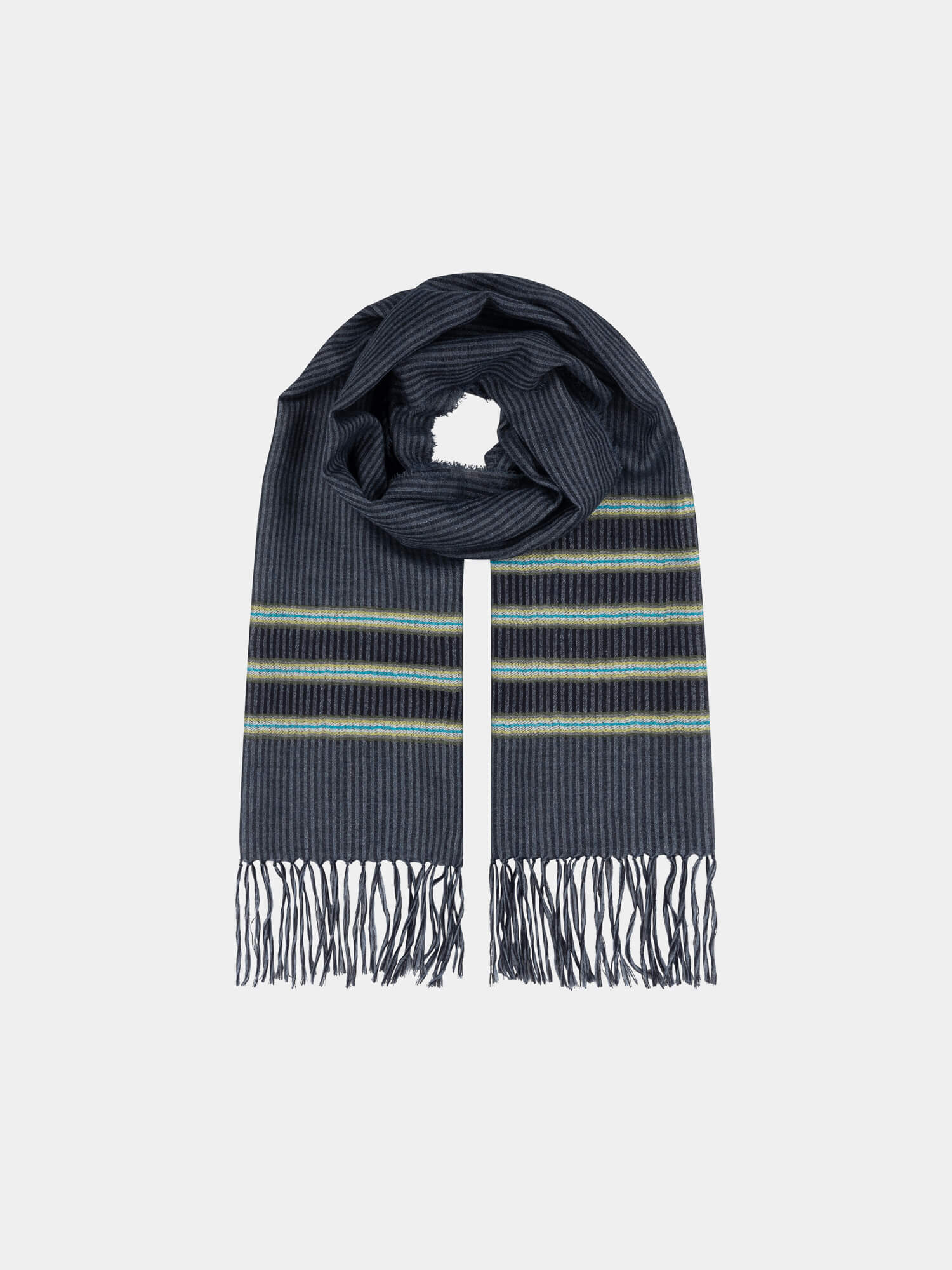 navy scarf with blue and green stripes on a grey background