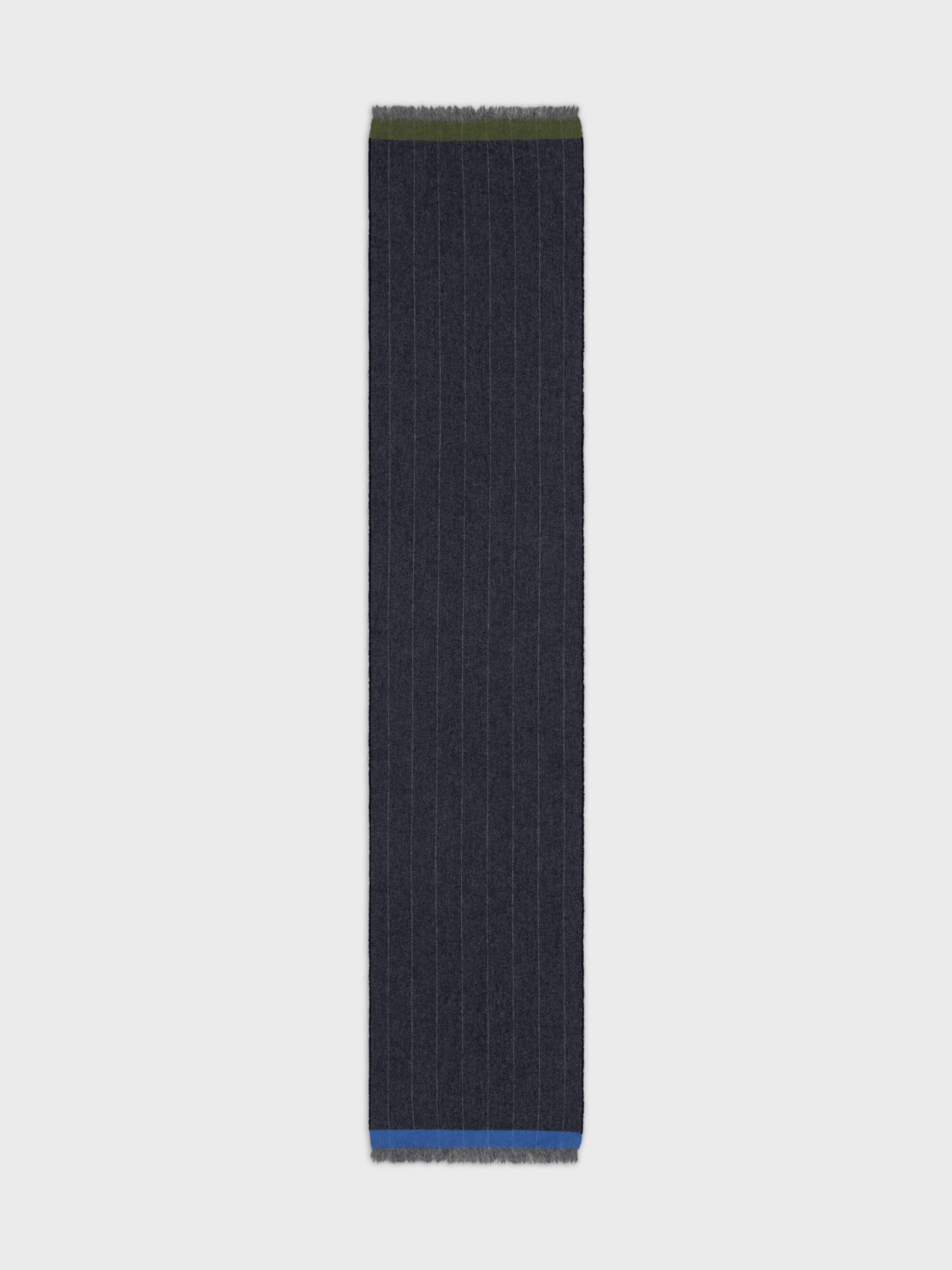 Dark blue scarf with a subtle pattern on a light gray background