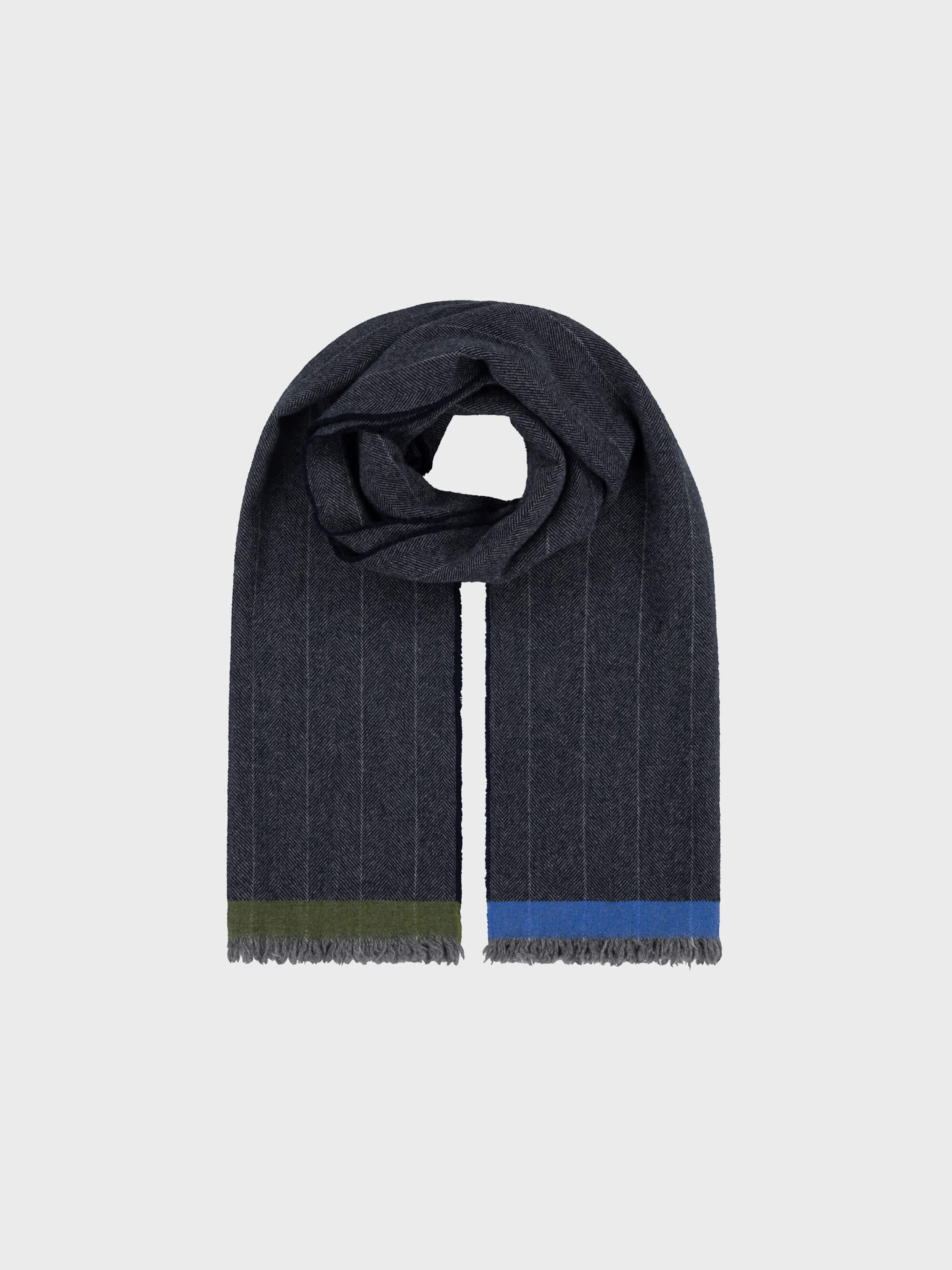 Navy blue scarf with color-blocked edges on a light gray background