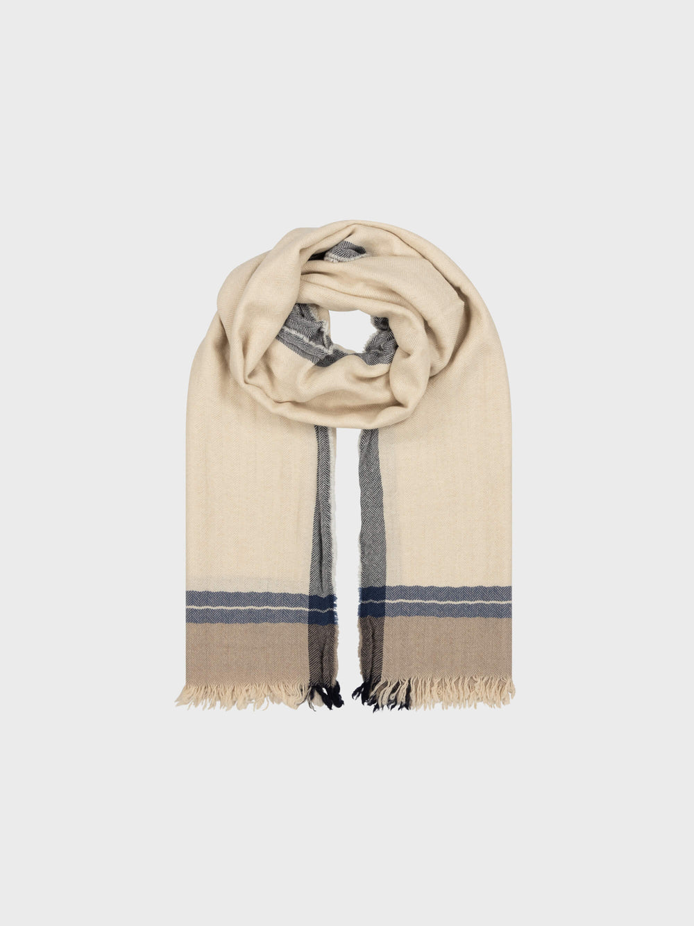 Beige scarf with plaid pattern on a light gray background