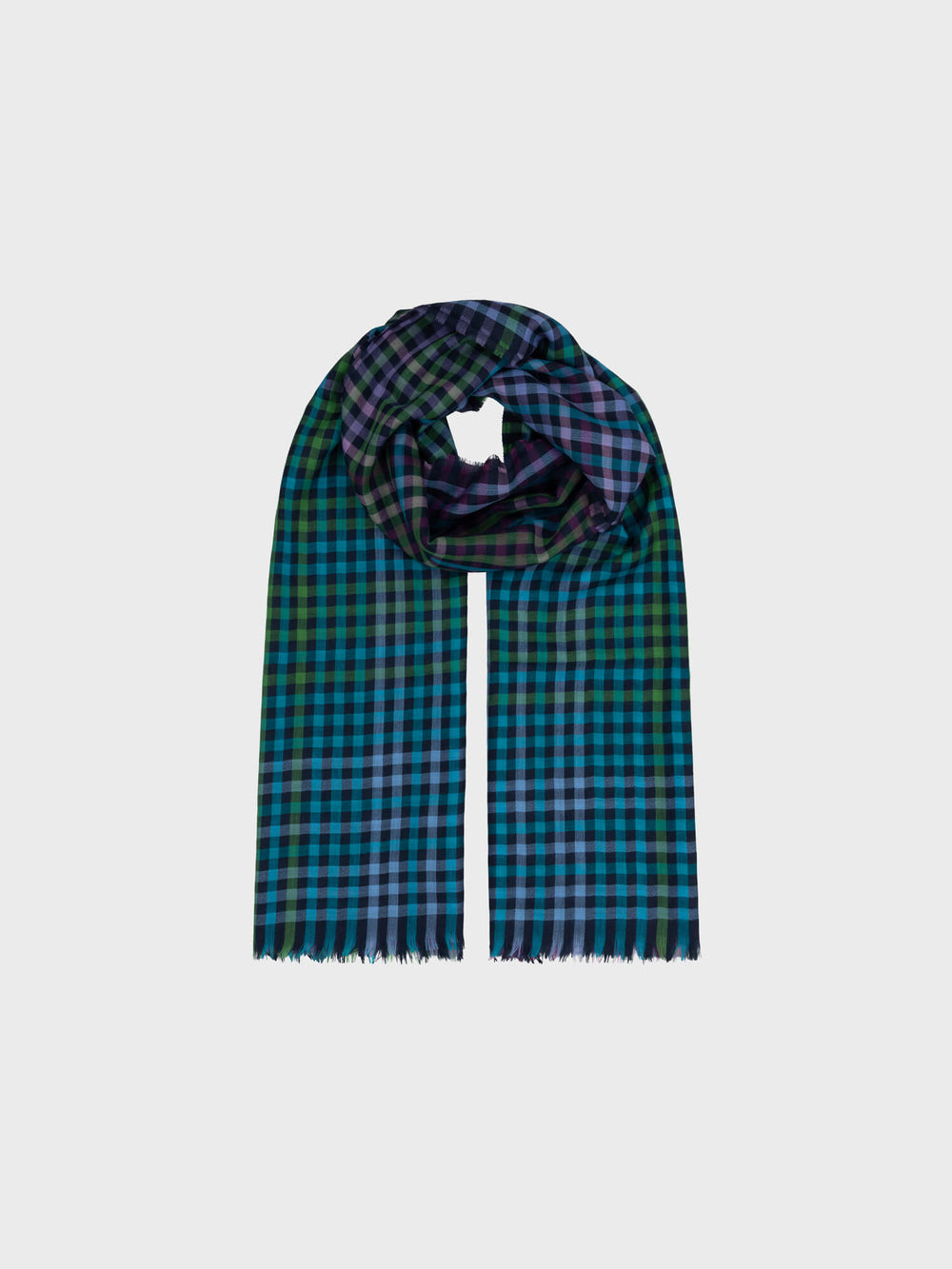 cashmere scarf with blue, green and purple checks on a grey background