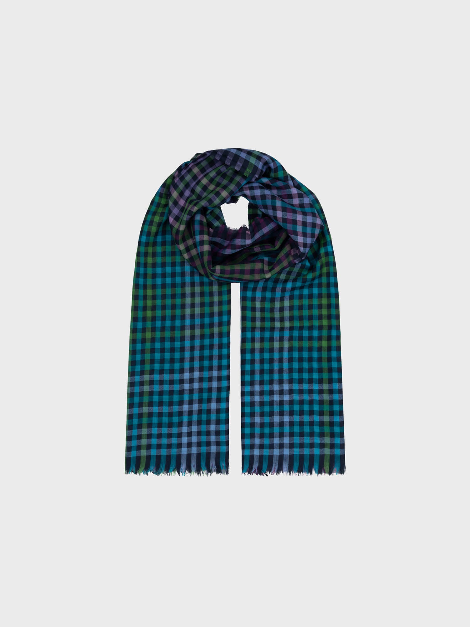 cashmere scarf with blue, green and purple checks on a grey background