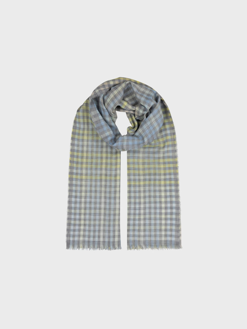 cashmere scarf with grey and yellow checks on a grey background