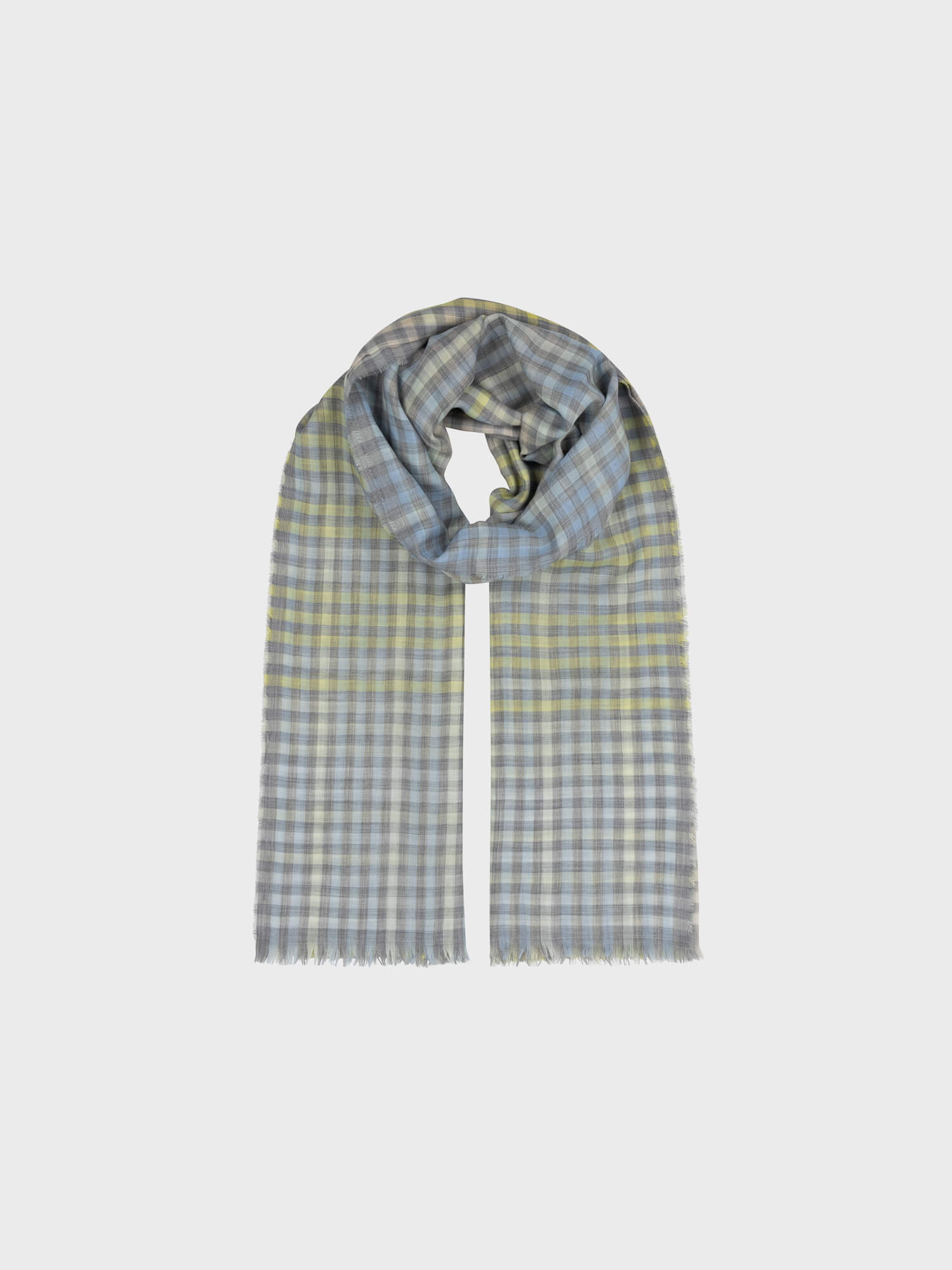 cashmere scarf with grey and yellow checks on a grey background