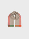 natural cashmere scarf with pink, orange and green stripes on a grey background