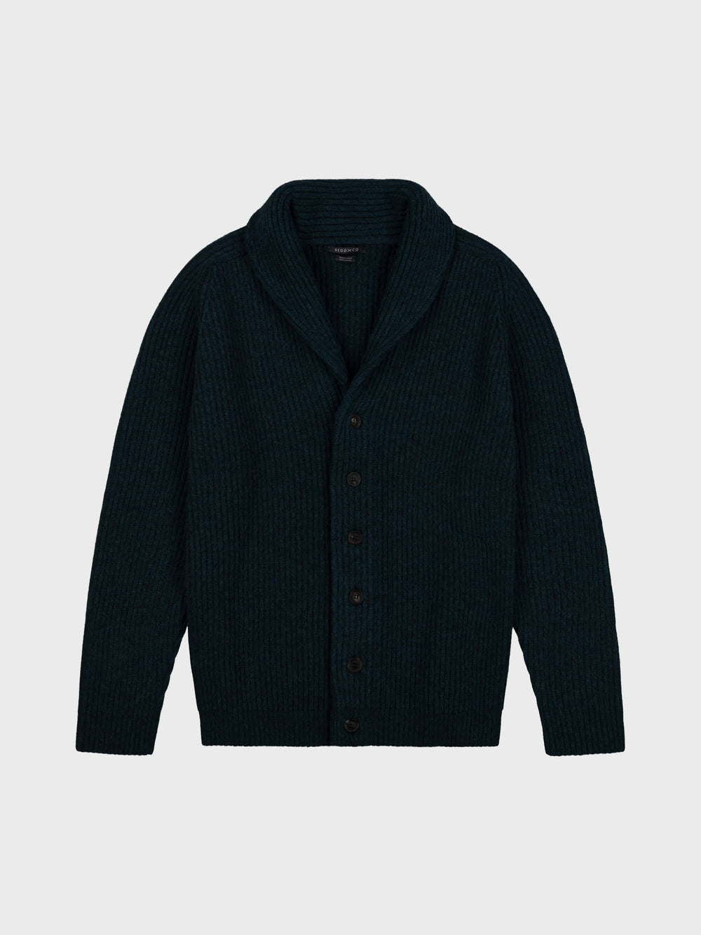 chunky ribbed dark green cashmere shawl collar cardigan on a grey background