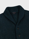 chunky ribbed dark green cashmere shawl collar cardigan on a grey background
