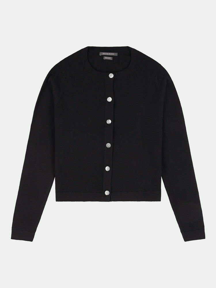 Black cardigan with white buttons on a light gray background