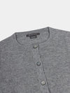 Gray button-up cardigan with brand label on a light gray background