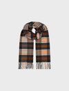 Plaid scarf with black, orange, and gray pattern on a white background