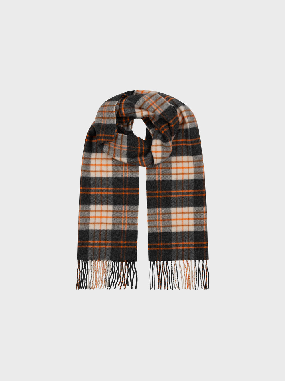 Plaid scarf with black, orange, and gray pattern on a white background