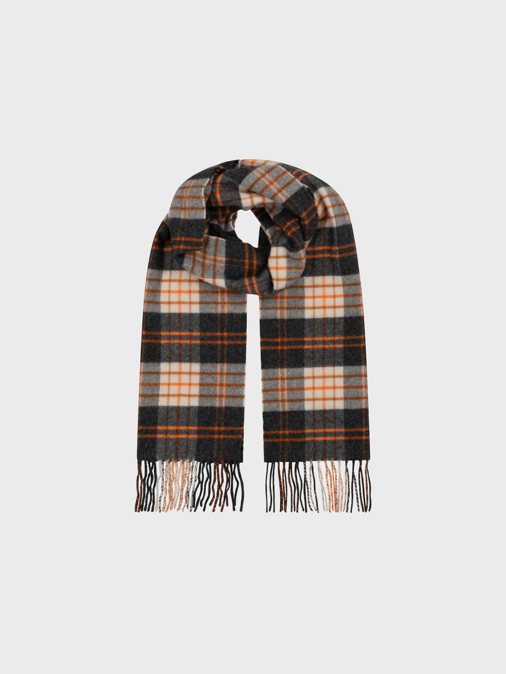 Plaid scarf with black, orange, and gray pattern on a white background