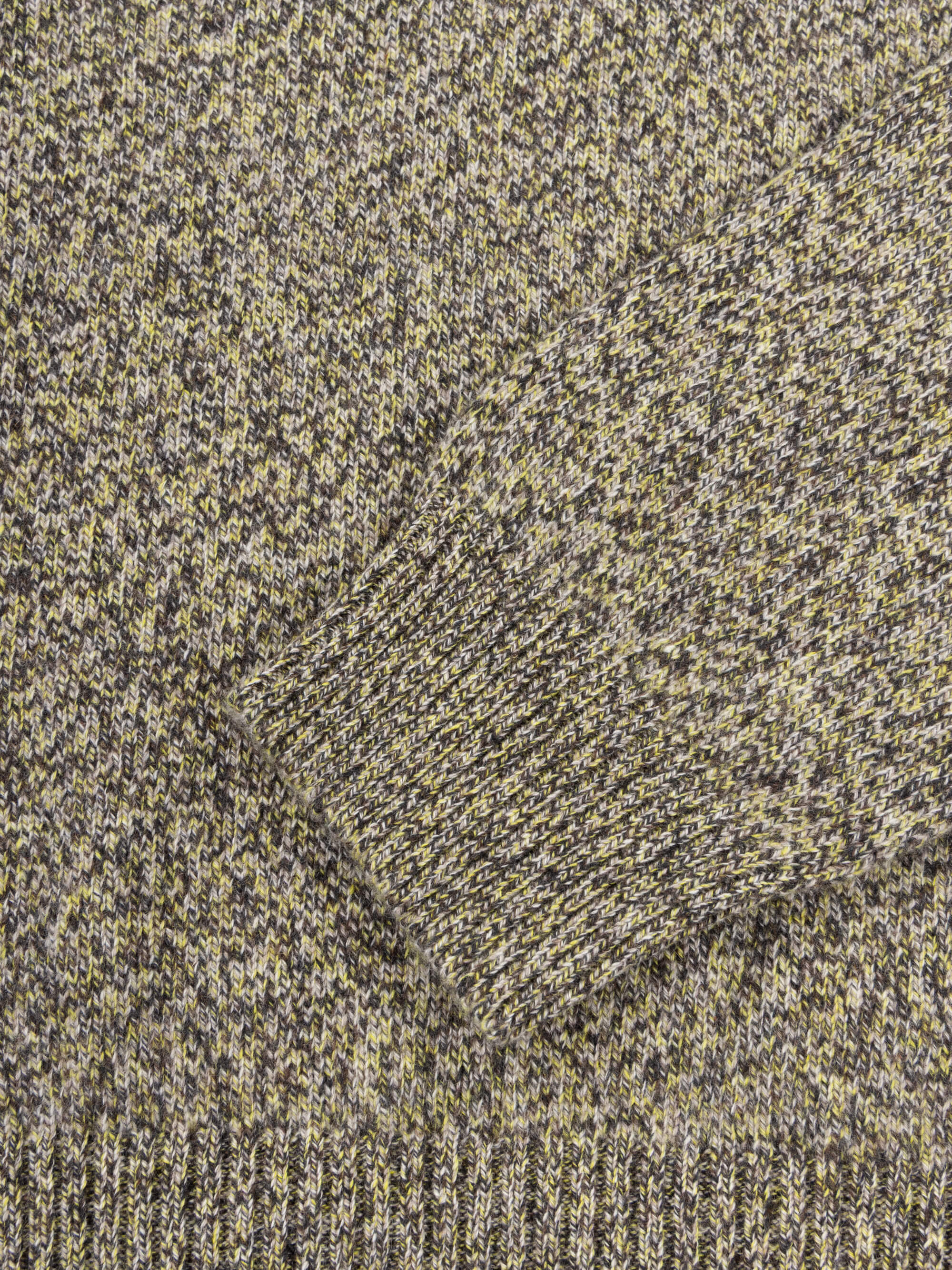 marl green and yellow cashmere crewneck sweater cuff detail