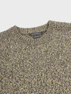 marl green and yellow cashmere crewneck sweater collar detail on a grey background