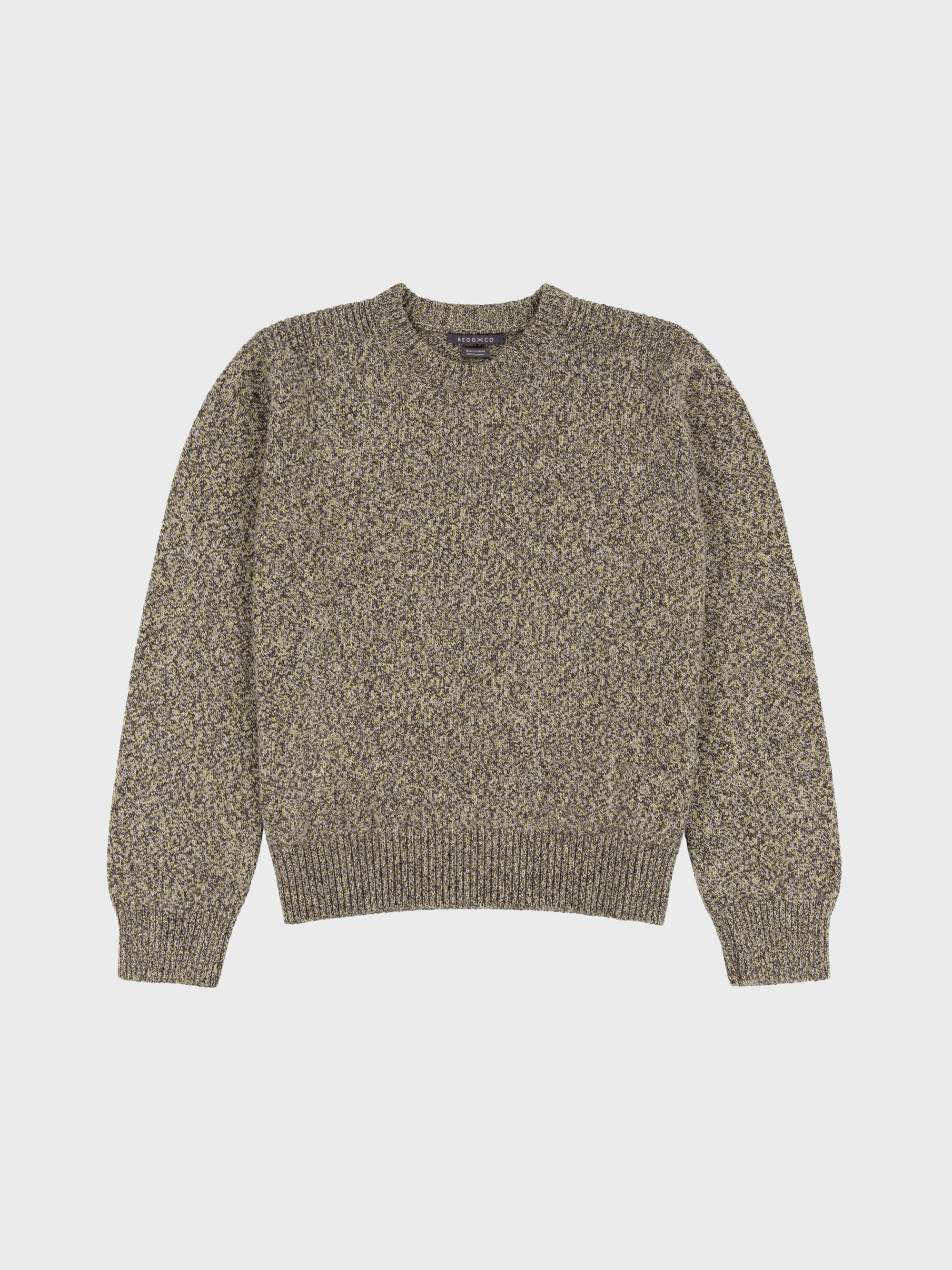 marl green and yellow cashmere crewneck sweater on a grey background