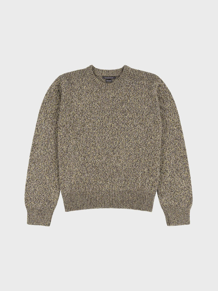 marl green and yellow cashmere crewneck sweater on a grey background