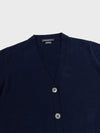 navy blue cashmere vneck cardigan with pearl buttons on a grey background